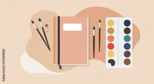 Artistic Tools: Sketchbook, Brushes, and Watercolor Palette