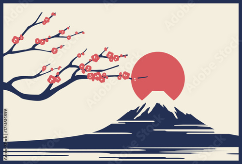 レトロ背景年賀状素材　梅と富士山と太陽