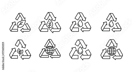 Set of recycle icons with different elements isolated on white background
