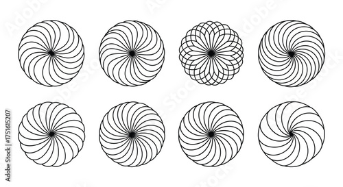 Collection of eight abstract circular designs isolated on white background