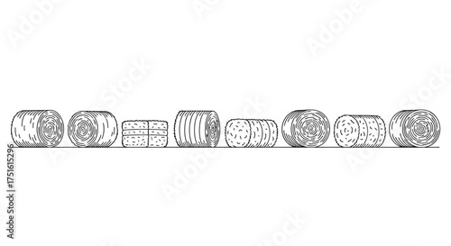 Collection of seven abstract cylindrical designs isolated on white background