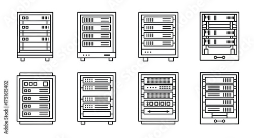 Set of server racks isolated on white background in line style