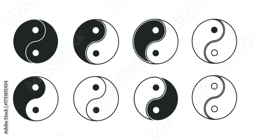 Collection of eight yin yang symbols isolated on white background