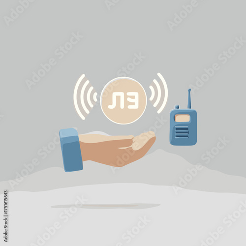 Hand holding walkie talkie with signal waves and text communication concept.