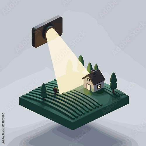 Isometric concept of a smartphone projecting light onto a miniature rural landscape with a house and fields.