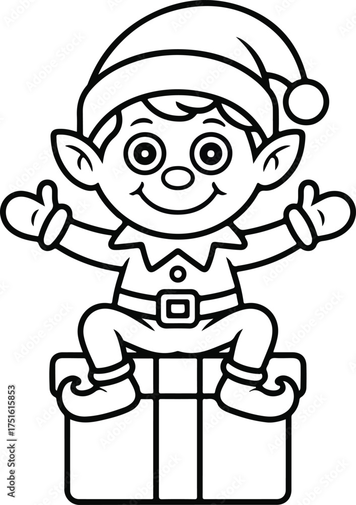 Fototapeta premium Christmas Elf Sitting on Gift Box ClipArt, Merry Christmas illustration, Xmas Outline Sublimation, Winter holiday Graphic