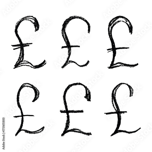Set of hand drawn british pound currency symbol. Brush stroke doodle. Single element for design