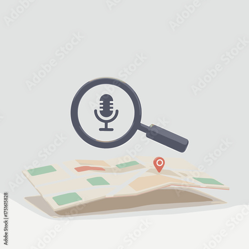 Podcast location search concept with map and microphone icon.