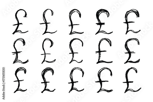 Set of hand drawn british pound currency symbol. Brush stroke doodle. Single element for design