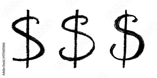 Set of hand drawn dollar currency symbol. Brush stroke doodle. Single element for design