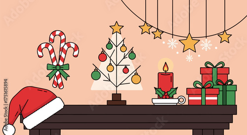 Christmas Table Decoration with Gifts, Candle, and Mini Tree Illustration
