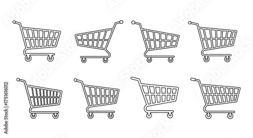 Row of shopping carts isolated on white background, retail and commerce concept