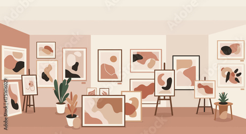 Art Gallery Interior with Abstract Paintings and Plants in Earth Tones
