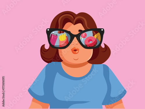 Hungry Overweight Women Craving for Junk Food Vector Illustration. Obese woman longing for unhealthy foods and desserts 
