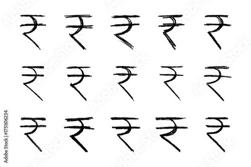 Set of hand drawn rupee currency symbol. Brush stroke doodle. Single element for design