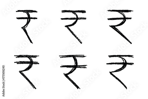 Set of hand drawn rupee currency symbol. Brush stroke doodle. Single element for design