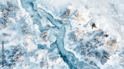 Aerial imagery of a snowy tundra, showcasing vast white expanses, frozen rivers, and occasional wildlife tracks