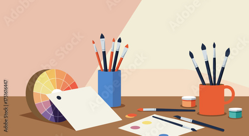 Artistic Workspace with Brushes, Paints, and Color Palette