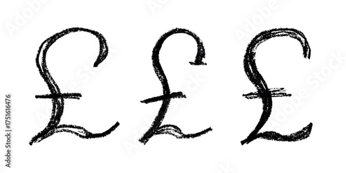 Set of hand drawn british pound currency symbol. Brush stroke doodle. Single element for design