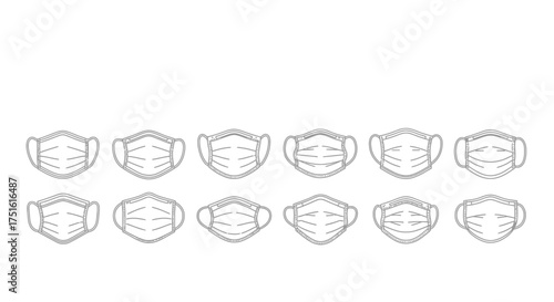 Collection of medical face masks isolated on white background in sketch style