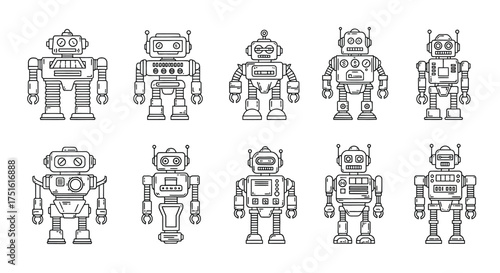 Set of robot illustration isolated on white background, line art, vintage