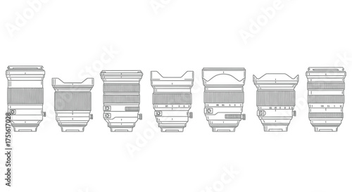 Camera lens collection isolated on white background for photography design use
