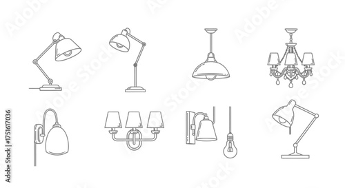 Collection of various lighting fixtures isolated on white background