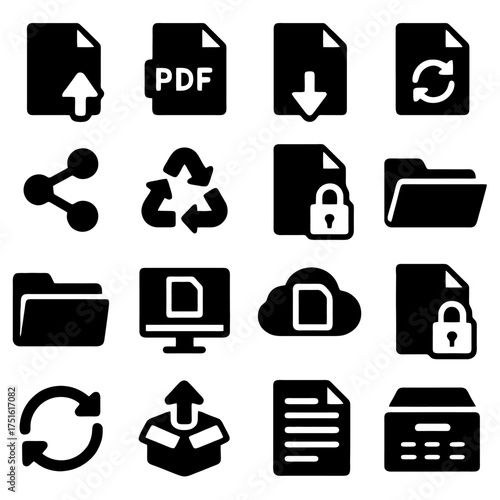 Digital Icons Set: A collection of various digital file format and function icon in black silhouette, representing common digital file operations and functionalities. 