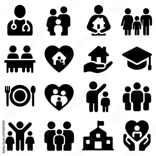 Community and care Icon set: An abstract symbol set representing the essence of community, with icons depicting medical care, family unity, property protection, social harmony.