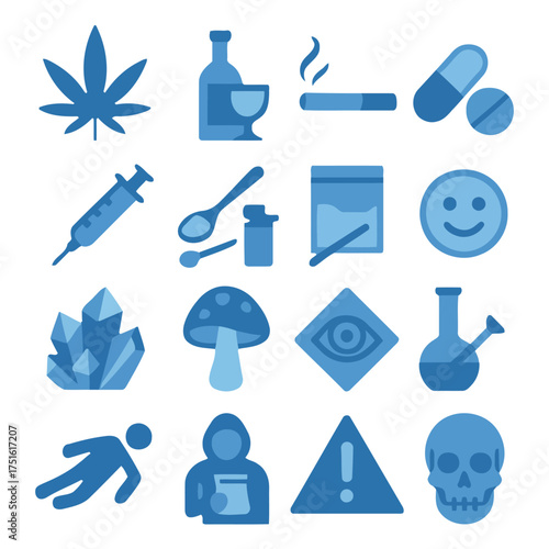 Dark side of temptation: An eye-catching array of icons, representing diverse substances, from the leaf of temptation to a symbol of demise.