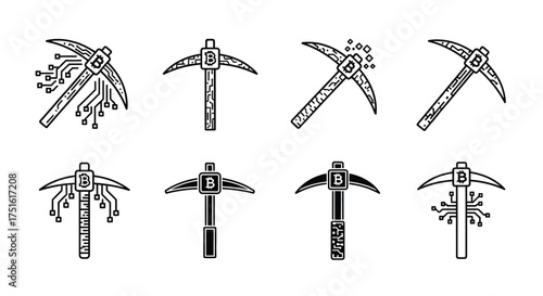 Set of bitcoin mining pickaxes isolated on white background in vector
