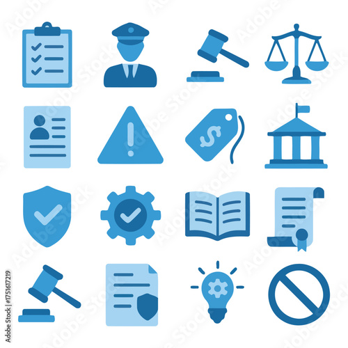 Legal & Regulatory Icons: An array of neatly arranged icons showcases various legal and regulatory elements in a clean and simple manner.