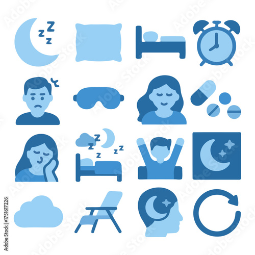 Sleep Icon Set: A comprehensive collection of essential sleep-related icons in a cool blue palette, perfectly illustrating elements of rest, relaxation, and wellness.