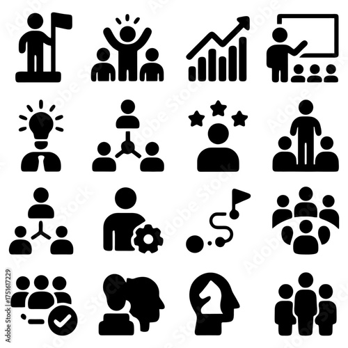 Business Icons Set: A collection of modern icons representing various aspects of business, leadership, and teamwork, perfect for presentations, websites, and other design projects.
