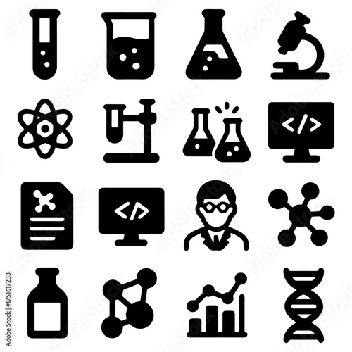 Lab Equipment Icons: A comprehensive collection of scientific tools and symbols, meticulously crafted to represent the core elements of laboratory work and scientific exploration.