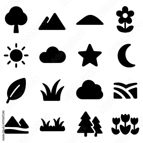 Nature Icons: A collection of stylized vector icons representing elements of nature, providing a clean and versatile visual resource for design projects.