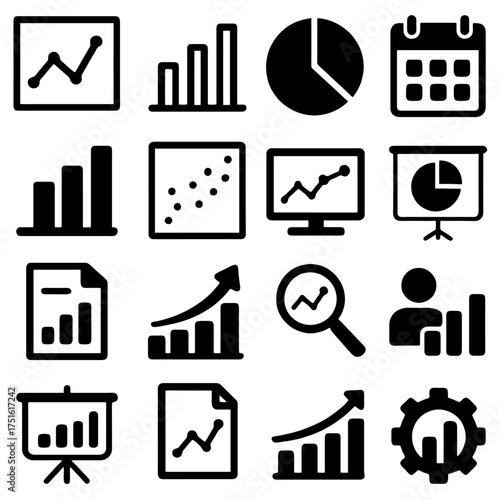 Business Data Icons: A collection of various business data icons, conveying information through visual means. These icons depict charts, graphs, and calendar elements.