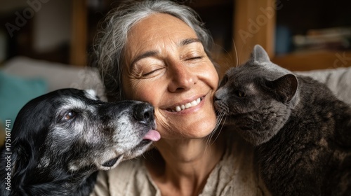 A middle aged woman relaxes at home with her pets a dog greets her affectionately while a cat rests nearby