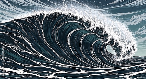 Powerful Ocean Wave Crashing with Foamy Crest.