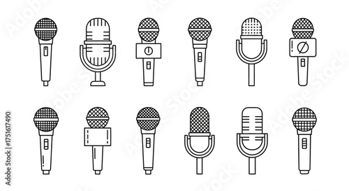 Collection of microphone line drawing isolated on white background