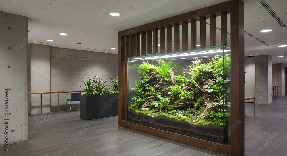 Fototapeta premium Modern Office Interior with Lush Green Terrarium and Concrete Accents