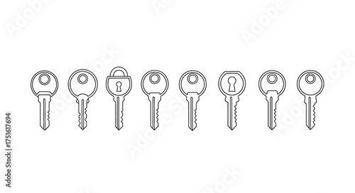 Collection of different keys isolated on white background, line art style