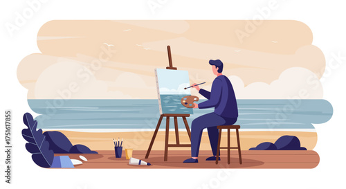 Man Painting Seaside Scene on Canvas with Easel and Palette