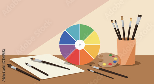 Artistic Still Life with Color Wheel, Brushes, and Palette