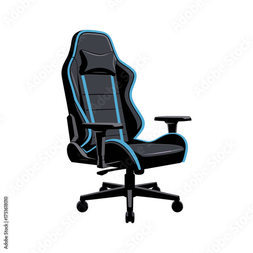 Ergonomic gaming chair, sleek black blue design, adjustable armrests, streamer setup equipment, competitive esports workspace illustration