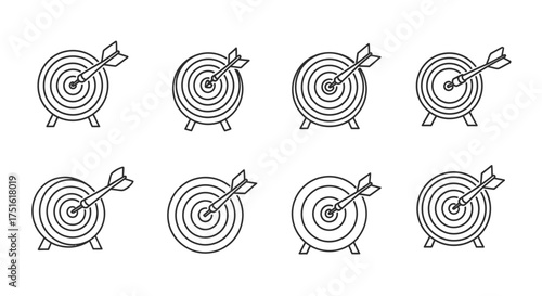 Set of target board with arrow isolated on white background in outline style