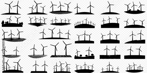 A collection of black silhouette icons featuring various wind turbine and wind farm designs on a transparent background.