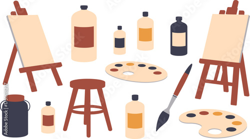 Artistic Still Life Two Easels, Stool, Paint Bottles, Palettes, and Brush Illustration