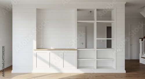Modern Scandinavian Interior with White Shiplap Walls and Built-in Shelving