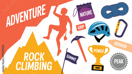 Adventure Rock Climbing Illustration Climbing Person, Mountain, and Essential Gear Depicted in Style